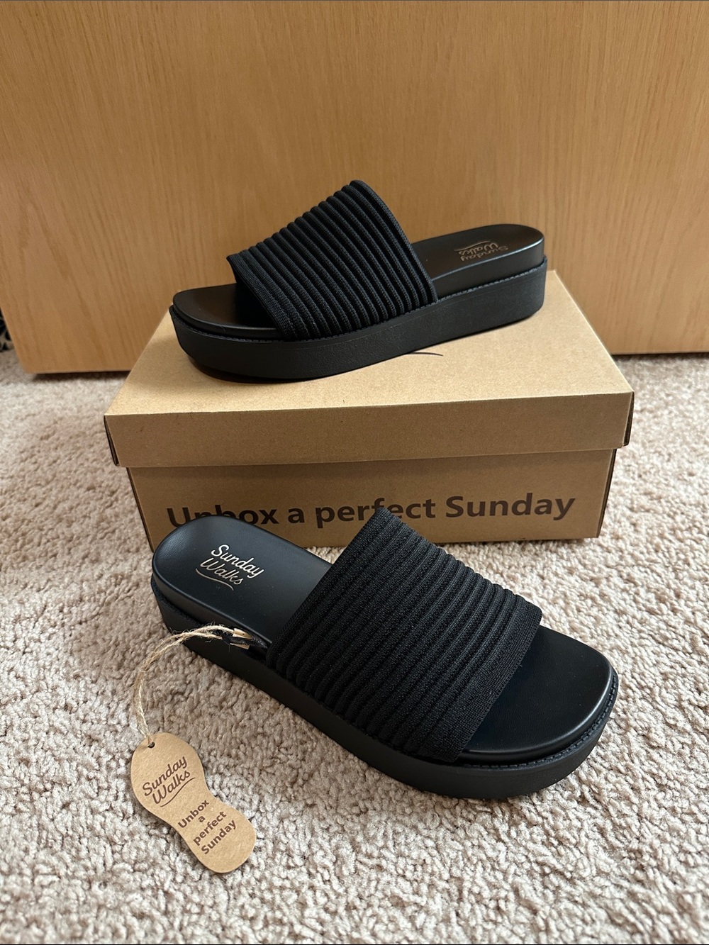 Black Ribbed Slide Platform Sandals